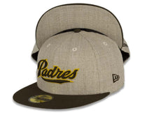 Load image into Gallery viewer, San Diego Padres New Era MLB 59FIFTY 5950 Fitted Cap Hat Heather Oatmeal Crown Brown Visor Brown/Yellow Script Logo
