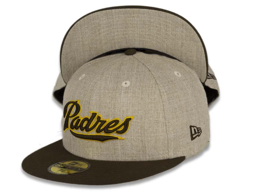 San Diego Padres New Era MLB 59FIFTY 5950 Fitted Cap Hat Heather Oatmeal Crown Brown Visor Brown/Yellow Script Logo