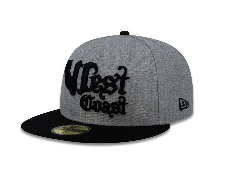 West Coast New Era 59FIFTY 5950 Fitted Cap Hat Gray Heather Crown Black Visor Black Script Logo