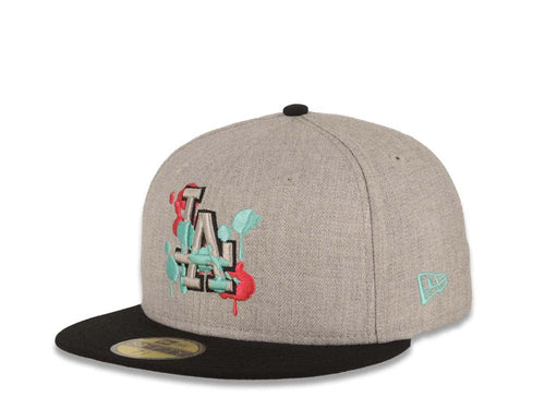 Los Angeles Dodgers New Era MLB 59FIFTY 5950 Fitted Cap Hat Heather Gray Crown Black Visor Gray/Teal/Magenta Splatter Logo