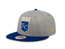 Load image into Gallery viewer, Kansas City Royals New Era MLB 9FIFTY 950 Snapback Cap Hat Heather Gray Crown Royal Blue Visor Royal Blue/White/Metallic Gold Logo
