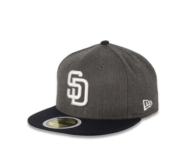 (Youth) San Diego Padres New Era MLB 59FIFTY 5950 Kid Fitted Cap Hat Heather Dark Gray Crown Dark Navy Blue Visor White Logo