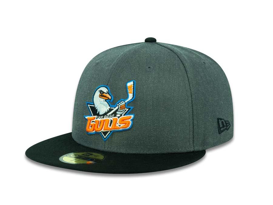 San Diego Gulls New Era AHL 59FIFTY 5950 Fitted Cap Hat Dark Heather Gray Crown Black Visor Team Color Logo