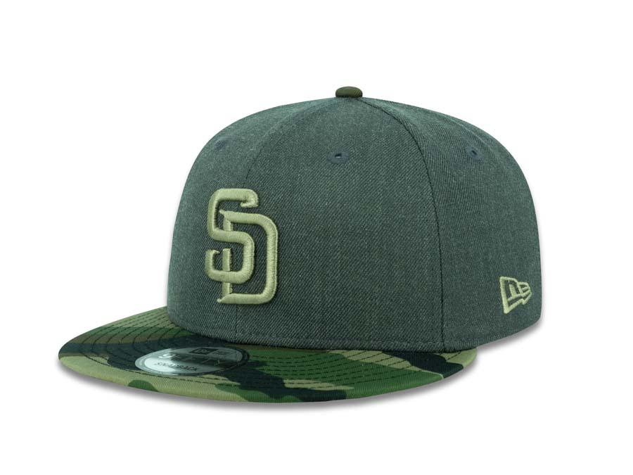 San Diego Padres New Era MLB 9FIFTY 950 Snapback Cap Hat Heather Dark Gray Crown Camo Visor Green Logo