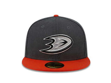 Load image into Gallery viewer, Ahaheim Ducks New Era NHL 59FIFTY 5950 Fitted Cap Hat Heather Dark Gray Crown Orange Visor Black/White Logo
