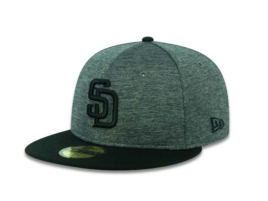 San Diego Padres New Era MLB 59FIFTY 5950 Fitted Cap Hat Shadow Tech Dark Gray Crown Black Visor Black Logo