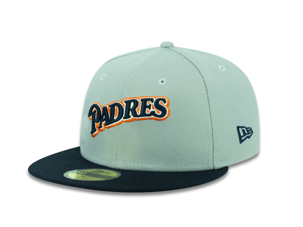 San Diego Padres New Era MLB 59FIFTY 5950 Fitted Cap Hat Gray Crown Navy Visor Navy/White/Orange Script Logo 