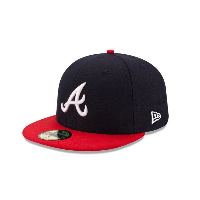 (Youth) Atlanta Braves New Era MLB 59FIFTY 5950 Fitted Cap Hat Navy Crown Red Visor White Logo 