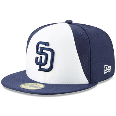 San Diego Padres New Era MLB 59FIFTY 5950 Fitted Cap Hat White/Navy Crown Navy Visor Navy Logo (2019 Batting Practice)