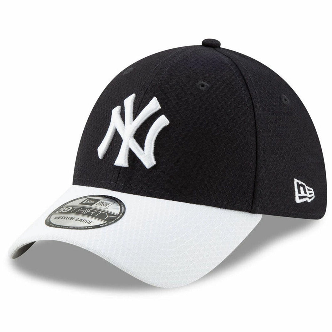 New York Yankees New Era MLB 39THIRTY 3930 Flexfit Cap Hat Dark Navy Crown White Visor White Logo (2018 Batting Practice)