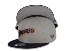 Load image into Gallery viewer, San Diego Padres New Era MLB 9FIFTY 950 Snapback Cap Hat Gray Crown Navy Visor Navy/White/Orange Script Logo
