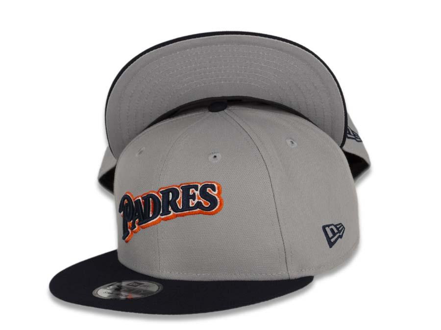 San Diego Padres New Era MLB 9FIFTY 950 Snapback Cap Hat Gray Crown Navy Visor Navy/White/Orange Script Logo
