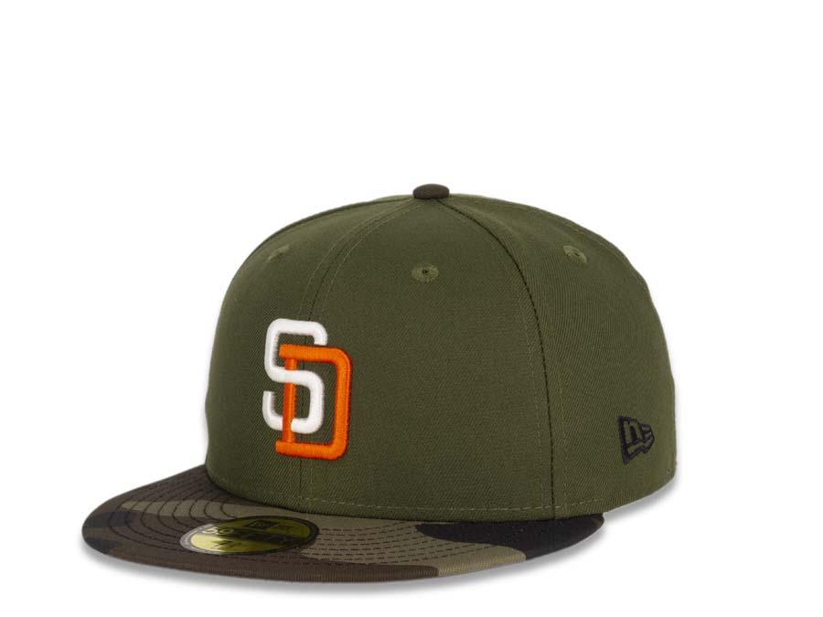 New Era MLB 59Fifty 5950 Fitted San Diego Padres Cap Hat Green Crown Camo Visor White/Orange Logo Black UV