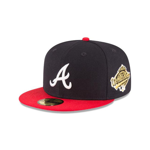 Atlanta Braves New Era MLB 59Fifty 5950 Fitted Cap Hat Team Color Navy Crown Red Visor White Logo 1995 World Series Side Patch Gray UV