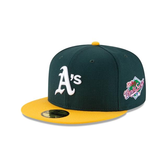 Oakland A's Athletics New Era MLB 59Fifty 5950 Fitted Cap Hat Team Color Green Crown Yellow Visor White Logo 1989 World Series Side Patch Gray UV