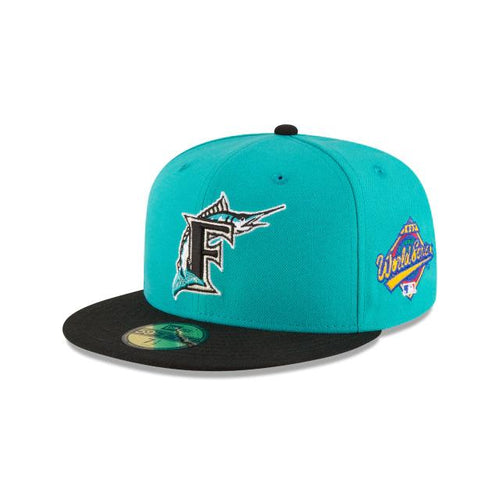 Florida Marlins New Era MLB 59Fifty 5950 Fitted Cap Hat Teal Crown Black Visor Team Color Logo 1997 World Series Side Patch Gray UV
