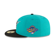 Load image into Gallery viewer, Florida Marlins New Era MLB 59Fifty 5950 Fitted Cap Hat Teal Crown Black Visor Team Color Logo 1997 World Series Side Patch Gray UV
