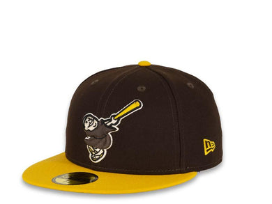 New Era MLB 59Fifty 5950 Fitted San Diego Padres Cap Hat Dark Brown Crown Yellow Visor Dark Brown/White/Yellow Friar Logo Black UV