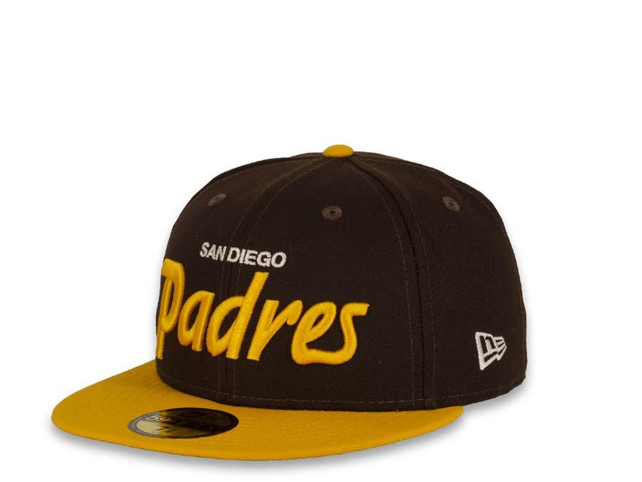 New Era MLB 59Fifty 5950 Fitted San Diego Padres Cap Hat Dark Brown Crown Yellow Visor White/Yellow 