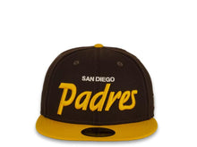 Load image into Gallery viewer, New Era MLB 59Fifty 5950 Fitted San Diego Padres Cap Hat Dark Brown Crown Yellow Visor White/Yellow &quot;San Diego Padres&quot; Logo Black UV
