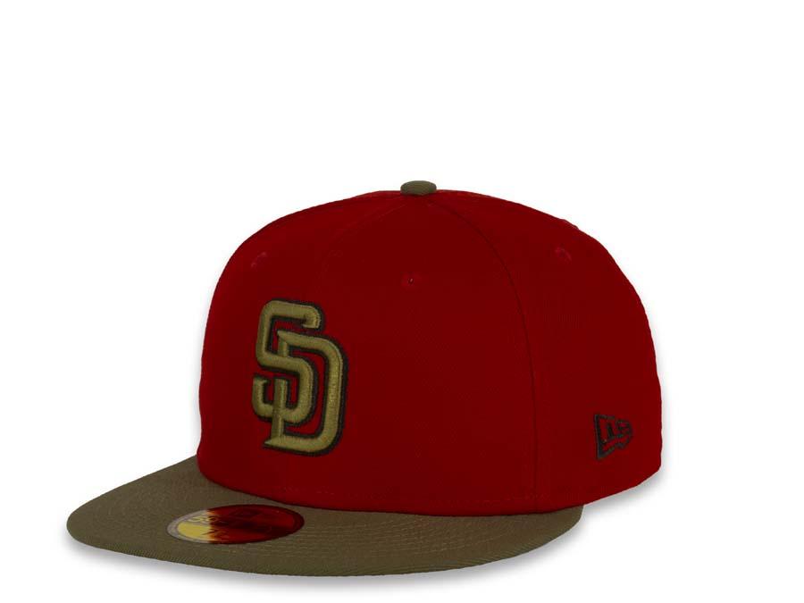 New Era MLB 59Fifty 5950 Fitted San Diego Padres Cap Hat Red Crown Olive Visor Dark Olive/Black Logo Black UV