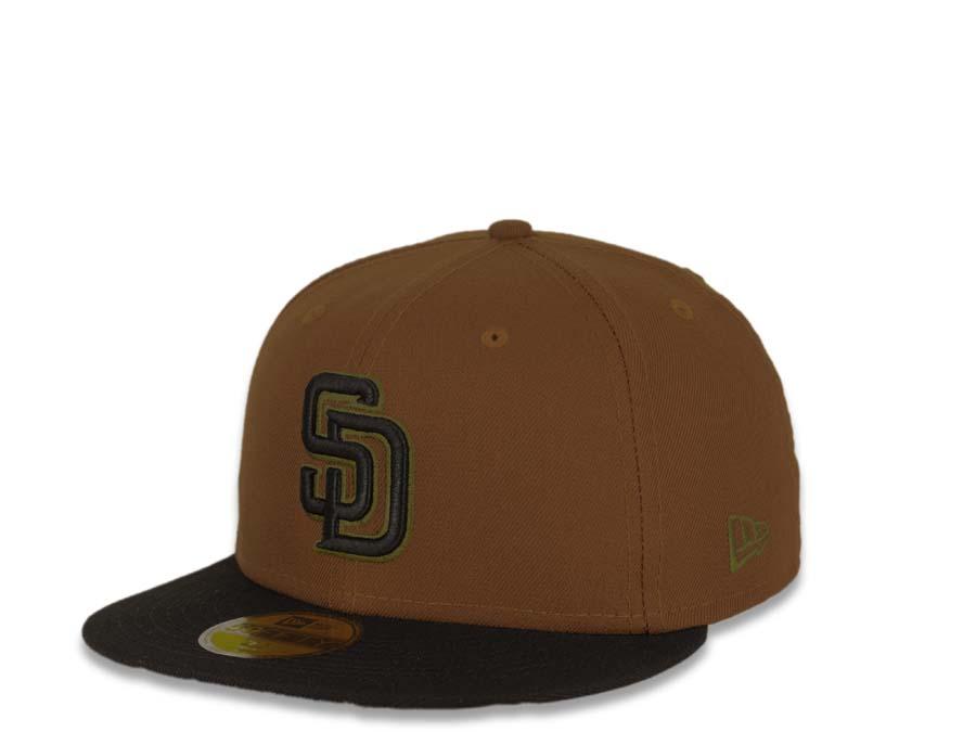 New Era MLB 59Fifty 5950 Fitted San Diego Padres Cap Hat Wheat Crown Black Visor Black/Olive Logo Black UV