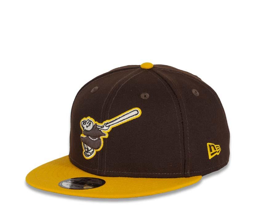 New Era MLB 9Fifty 950 Snapback San Diego Padres Cap Hat Dark Brown Crown Yellow Visor Dark Brown/White/Yellow Friar Logo Black UV