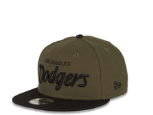 Load image into Gallery viewer, New Era MLB 9Fifty 950 Snapback Los Angeles Dodgers Cap Hat Olive Crown Black Visor Black &quot;Dodgers&quot; Script Logo Black UV
