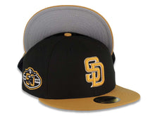 Load image into Gallery viewer, San Diego Padres New Era MLB 59FIFTY 5950 Fitted Cap Hat Black Crown Tan Visor Tan/White Logo 50th Anniversary Side Patch Gray UV
