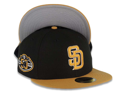 San Diego Padres New Era MLB 59FIFTY 5950 Fitted Cap Hat Black Crown Tan Visor Tan/White Logo 50th Anniversary Side Patch Gray UV