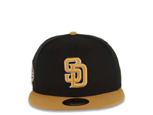 Load image into Gallery viewer, San Diego Padres New Era MLB 59FIFTY 5950 Fitted Cap Hat Black Crown Tan Visor Tan/White Logo 50th Anniversary Side Patch Gray UV
