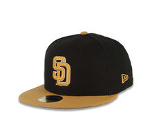 Load image into Gallery viewer, San Diego Padres New Era MLB 59FIFTY 5950 Fitted Cap Hat Black Crown Tan Visor Tan/White Logo 50th Anniversary Side Patch Gray UV
