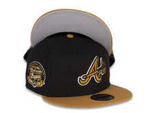 Load image into Gallery viewer, Atlanta Braves New Era MLB 9Fifty 950 Snapback Cap Hat Black Crown Wheat Visor Wheat/Black/White Logo with Tomahwak 2017 Inaugural Season Side Patch Gray UV
