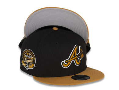 Atlanta Braves New Era MLB 9Fifty 950 Snapback Cap Hat Black Crown Wheat Visor Wheat/Black/White Logo with Tomahwak 2017 Inaugural Season Side Patch Gray UV
