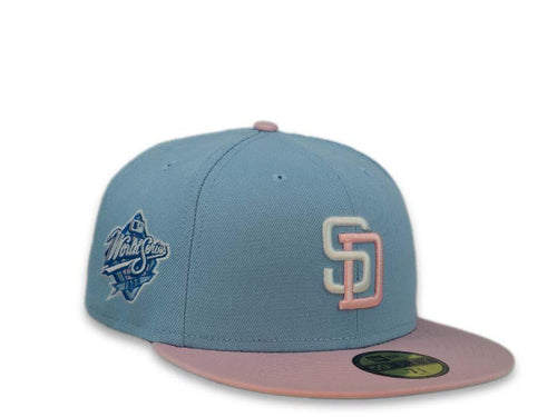 New Era MLB 59Fifty 5950 Fitted San Diego Padres Cap Hat Sky Blue Crown Pink Visor White/Pink Logo 1998 World Series Side Patch Gray UV