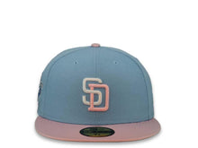 Load image into Gallery viewer, New Era MLB 59Fifty 5950 Fitted San Diego Padres Cap Hat Sky Blue Crown Pink Visor White/Pink Logo 1998 World Series Side Patch Gray UV
