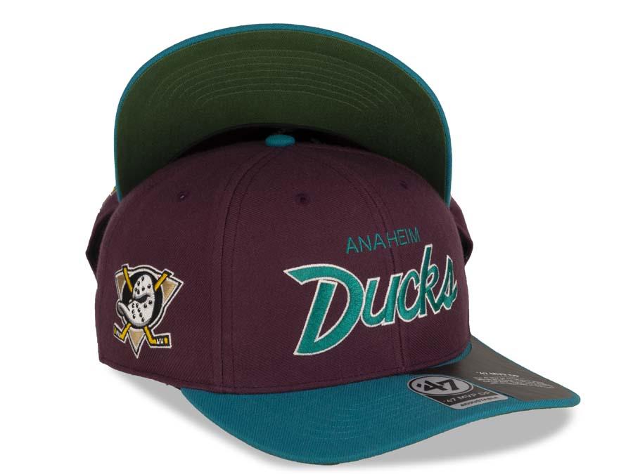 Ahaheim Mighty Ducks '47 NHL Snapback Cap Hat Maroon Crown Teal Visor Script Retro Logo