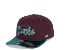 Load image into Gallery viewer, Ahaheim Mighty Ducks &#39;47 NHL Snapback Cap Hat Maroon Crown Teal Visor Script Retro Logo
