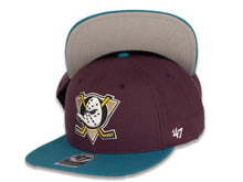 Load image into Gallery viewer, Mighty Ducks &#39;47 NHL Snapback Cap Hat Maroon Crown Teal Visor Retro Logo

