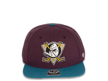 Load image into Gallery viewer, Mighty Ducks &#39;47 NHL Snapback Cap Hat Maroon Crown Teal Visor Retro Logo
