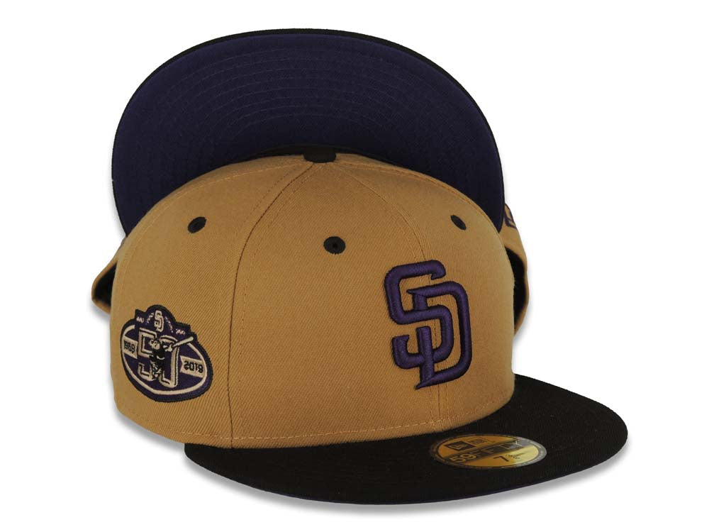 San Diego Padres New Era MLB 59FIFTY 5950 Fitted Cap Hat Wheat Crown Black  Visor Purple Logo 50th Anniversary Side Patch Black UV