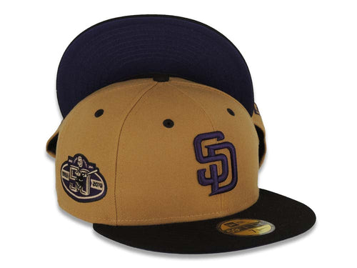 San Diego Padres New Era MLB 59FIFTY 5950 Fitted Cap Hat Wheat Crown Black Visor Purple Logo 50th Anniversary Side Patch Black UV