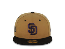 Load image into Gallery viewer, San Diego Padres New Era MLB 59FIFTY 5950 Fitted Cap Hat Wheat Crown Black Visor Purple Logo 50th Anniversary Side Patch Black UV
