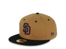 Load image into Gallery viewer, San Diego Padres New Era MLB 59FIFTY 5950 Fitted Cap Hat Wheat Crown Black Visor Purple Logo 50th Anniversary Side Patch Black UV
