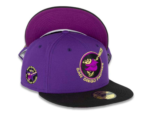 San Diego Padres New Era MLB 59FIFTY 5950 Fitted Cap Hat Dark Purple Crown Black Visor Dark Purple/Metallic Gold/Black “Swinging Friar” Logo 1978 All-Star Game Side Patch Plum UV