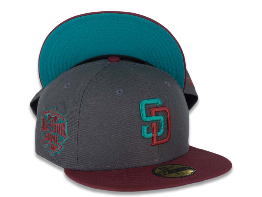 San Diego Padres New Era MLB 59FIFTY 5950 Fitted Cap Hat Dark Gray Crown Cardinal Visor Teal/Cardinal Logo 2016 All-Star Game Side Patch Teal UV