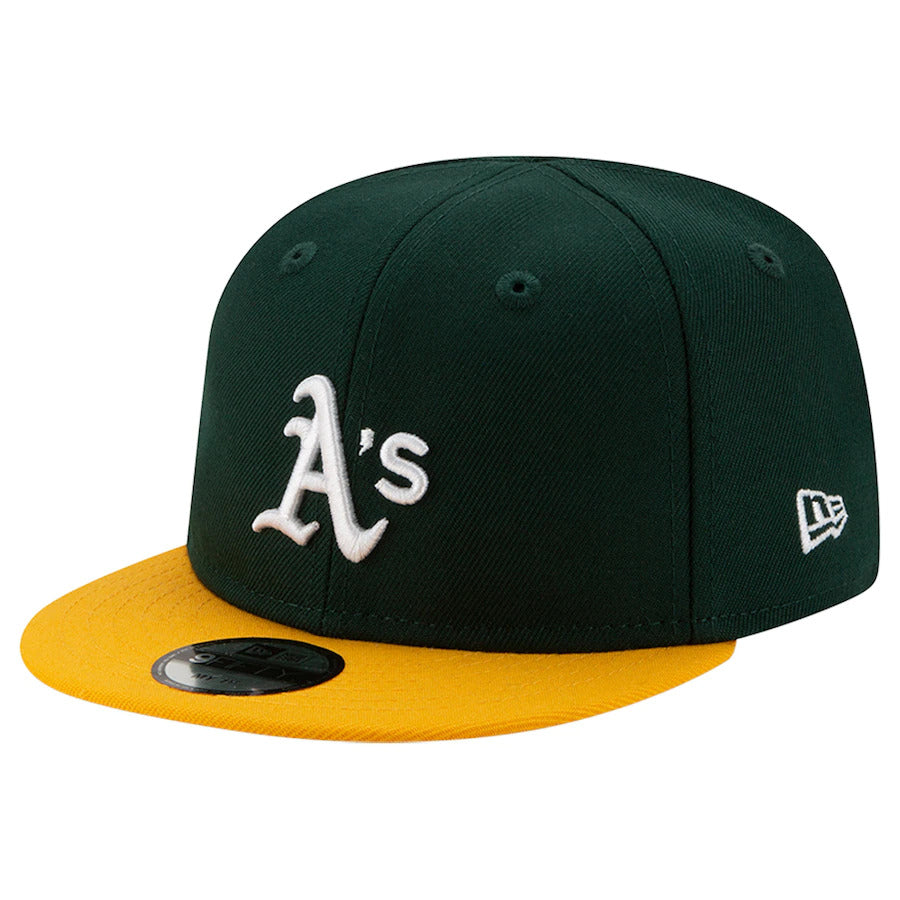 (Infant) Oakland Athletics New Era MLB 9FIFTY 950 Snapback Cap Hat Dark Green Crown Yellow Visor White Logo Two Tone (My 1st First)