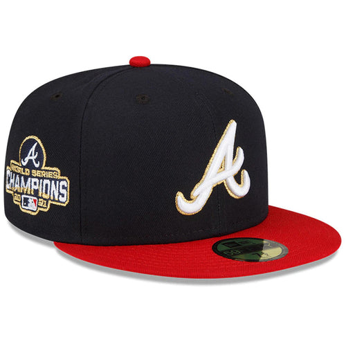 Atlanta Braves New Era MLB 59FIFTY 5950 Fitted Cap Hat Navy Crown Red Visor White/Gold Logo 2021 World Series Champions Side Patch