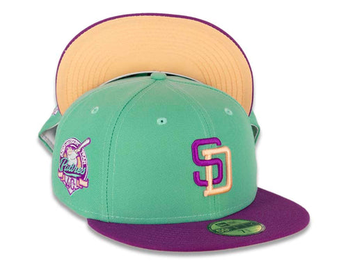 San Diego Padres New Era MLB 59FIFTY 5950 Fitted Cap Hat Clear Mint Crown Purple Visor Magenta/Orange Logo Rose Back 40th Anniversary Side Patch Orange UV
