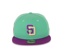 Load image into Gallery viewer, San Diego Padres New Era MLB 59FIFTY 5950 Fitted Cap Hat Clear Mint Crown Purple Visor Magenta/Orange Logo Rose Back 40th Anniversary Side Patch Orange UV
